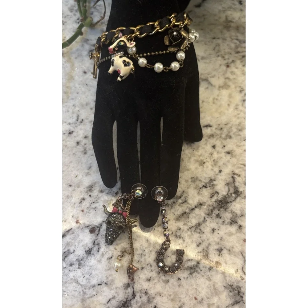 Betsey Johnson Vintage Lady Luck Cow Head Skull Horseshoe Earrings & bracelet